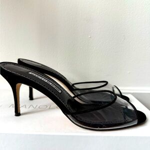 Manolo Blahnik Jadifa PVC & Suede Mules – Black – Size 8 – Excellent Condition